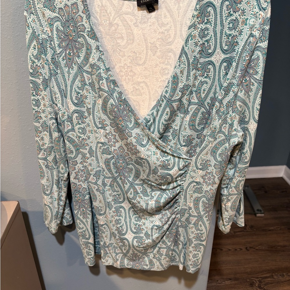 Talbots Green Puff Sleeve Wrap Blouse